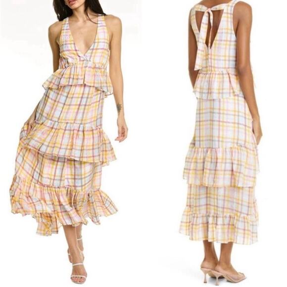 Cinq a Sept Astor Plaid Poplin Midi Dress Size 12 V-Neck Ruffle NWT $465 - Picture 4 of 15